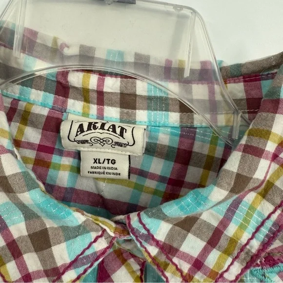 Ariat Women's Long Sleeve Top Plaid Pearl Snap Shirt Size XL Sequins Western - Picture 8 of 10